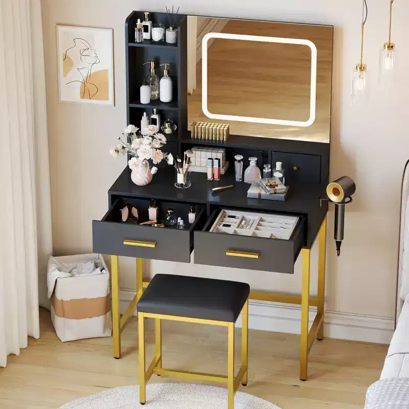 Coiffeuse moderne avec miroir 4 tiroirs 2 étagères Table de maquillage
