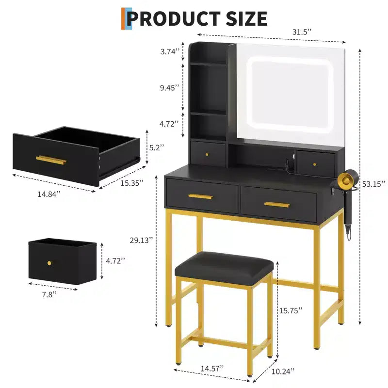 Coiffeuse moderne avec miroir 4 tiroirs 2 étagères Table de maquillage