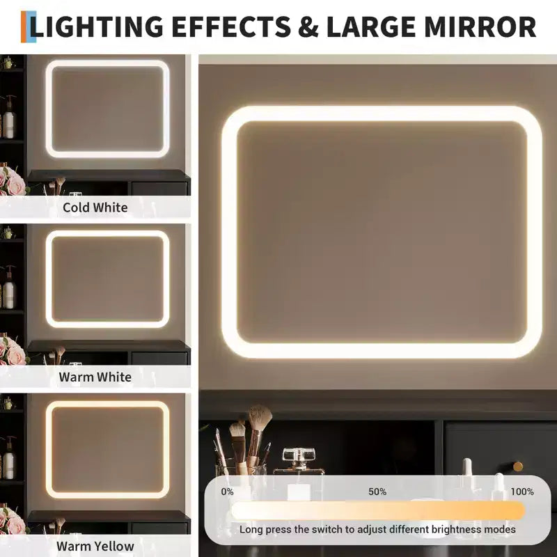 Coiffeuse moderne avec miroir 4 tiroirs 2 étagères Table de maquillage