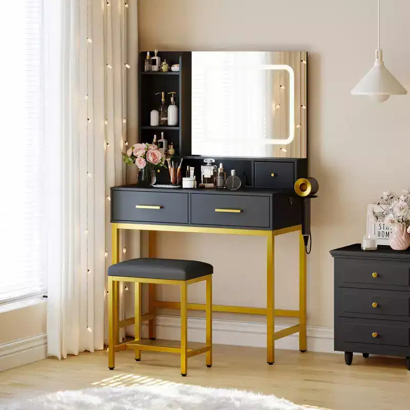 Coiffeuse moderne avec miroir 4 tiroirs 2 étagères Table de maquillage
