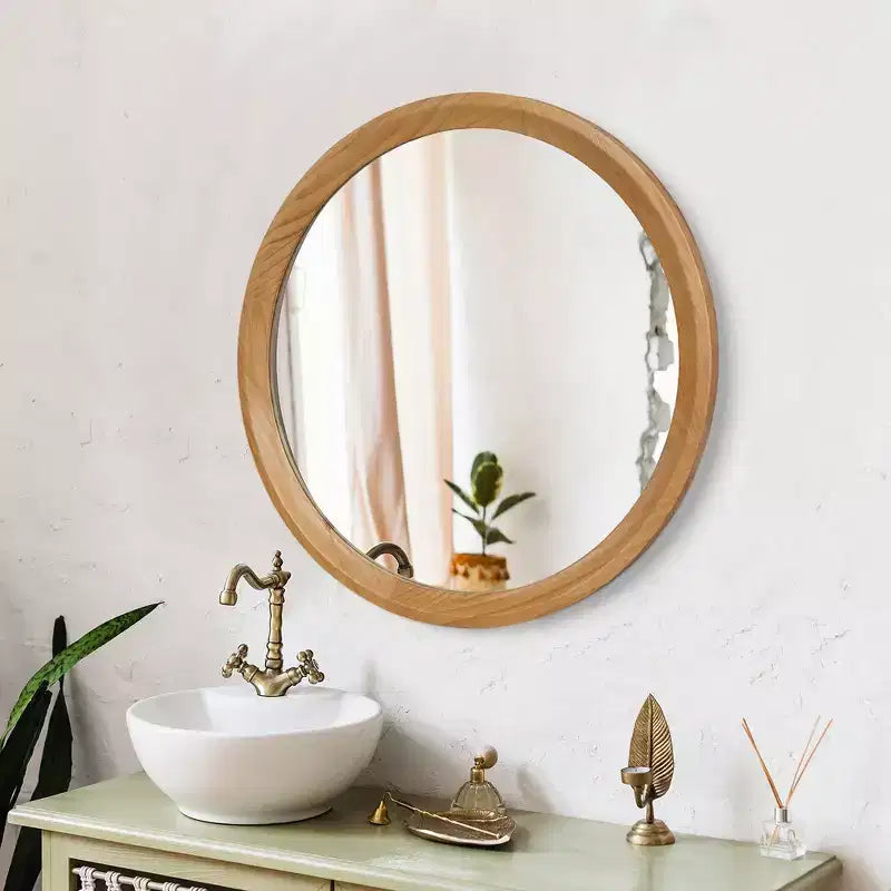 Whisen Round Distressed White Wood Decorative Wall Mirror with Beaded Trim Shabby Chic Farmhouse Bathroom Vanity Mirror