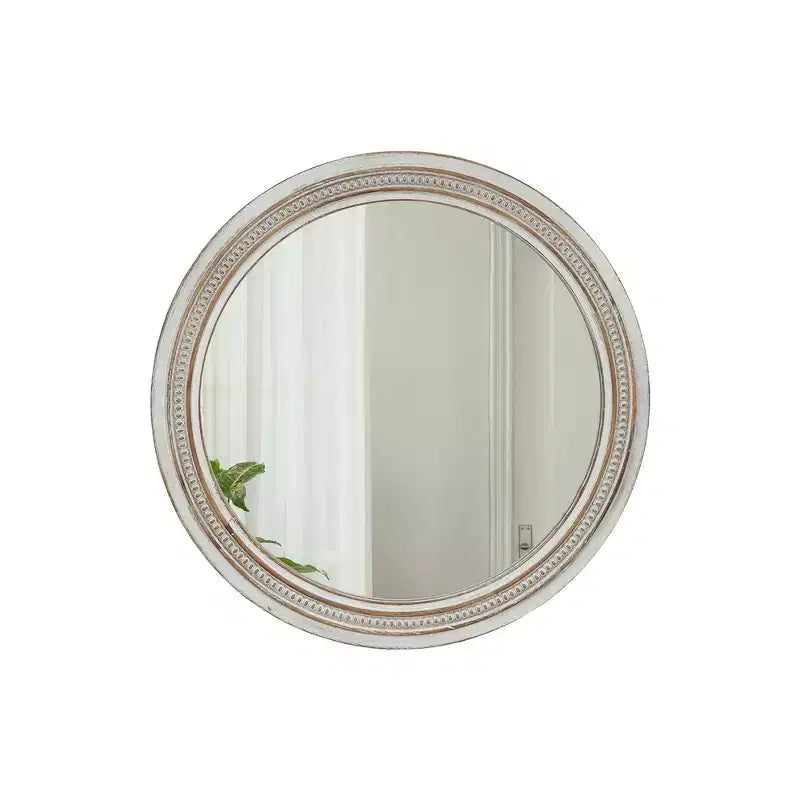 Miroir mural décoratif rond en bois blanc vieilli avec garniture perlée