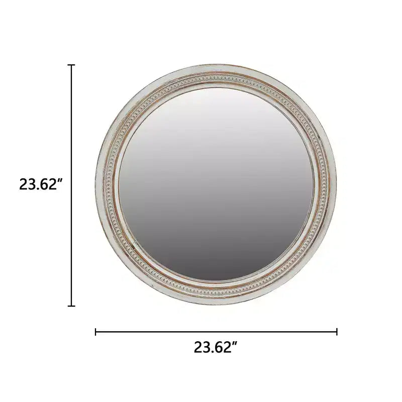 Miroir mural décoratif rond en bois blanc vieilli avec garniture perlée