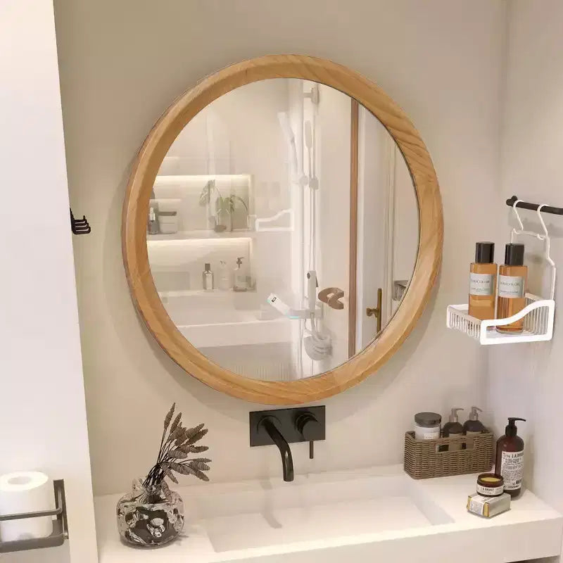 Miroir mural décoratif rond en bois blanc vieilli avec garniture perlée