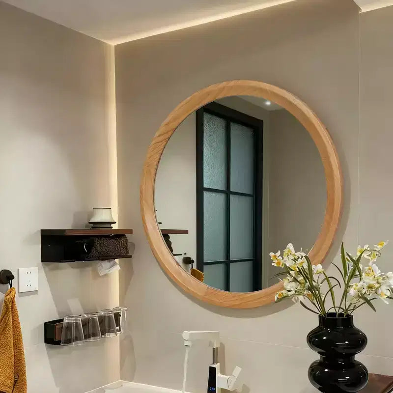 Miroir mural décoratif rond en bois blanc vieilli avec garniture perlée