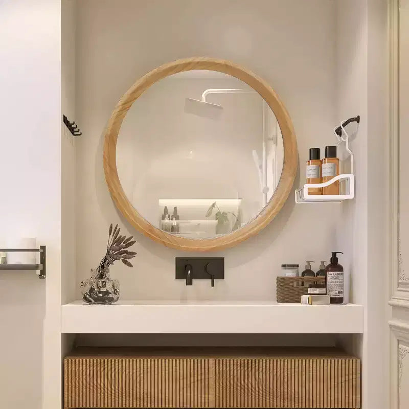 Miroir mural décoratif rond en bois blanc vieilli avec garniture perlée