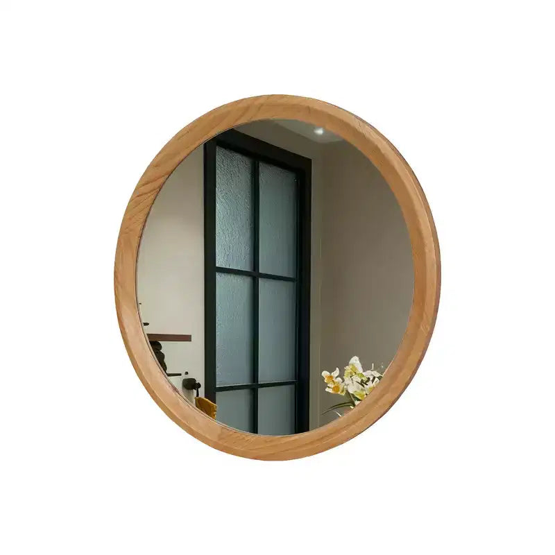 Miroir mural décoratif rond en bois blanc vieilli avec garniture perlée