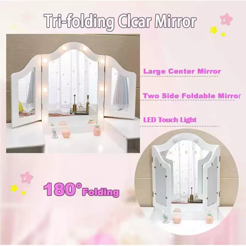 Coiffeuse 2-en-1 pour enfants avec lumières, bureau de maquillage de princesse, chaise, étagères de rangement et armoire