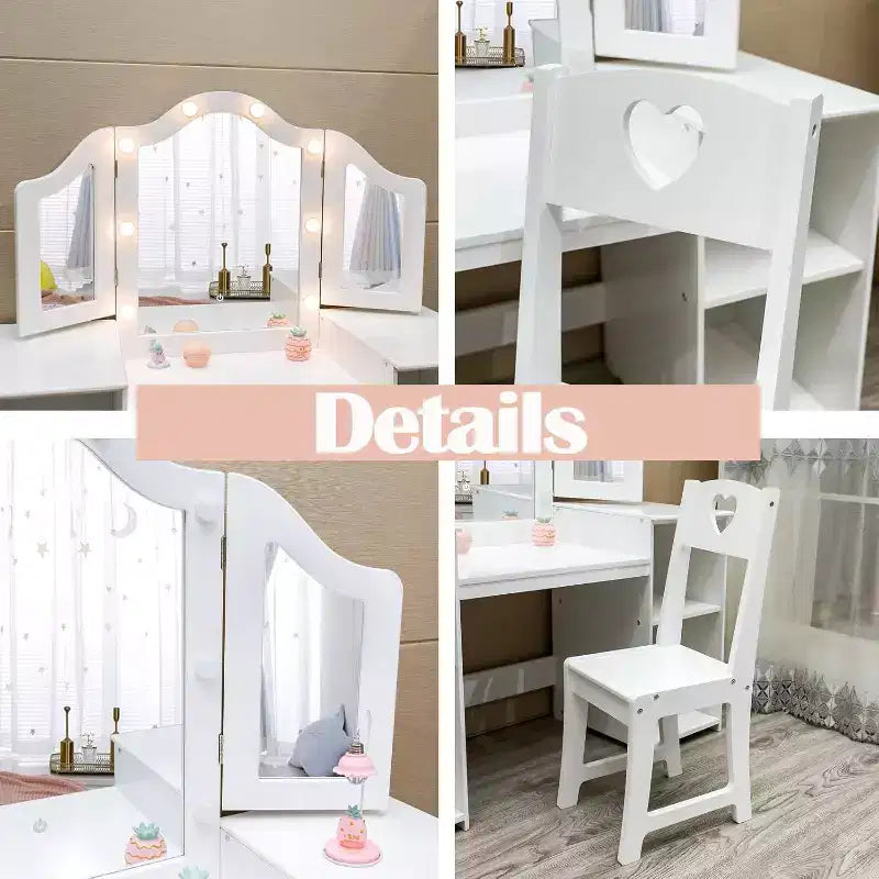 Coiffeuse 2-en-1 pour enfants avec lumières, bureau de maquillage de princesse, chaise, étagères de rangement et armoire
