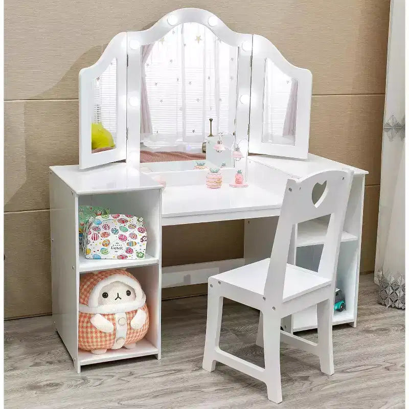 Coiffeuse 2-en-1 pour enfants avec lumières, bureau de maquillage de princesse, chaise, étagères de rangement et armoire