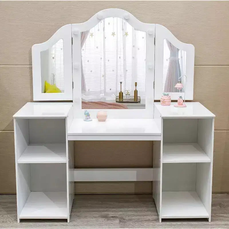 Coiffeuse 2-en-1 pour enfants avec lumières, bureau de maquillage de princesse, chaise, étagères de rangement et armoire