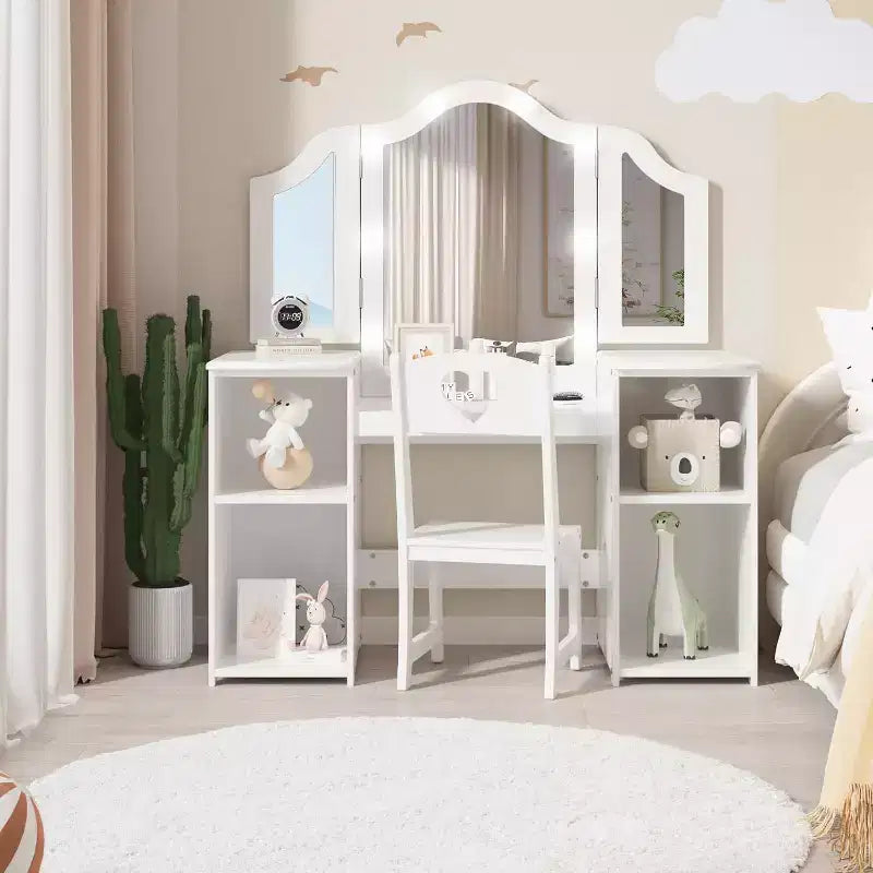 Coiffeuse 2-en-1 pour enfants avec lumières, bureau de maquillage de princesse, chaise, étagères de rangement et armoire