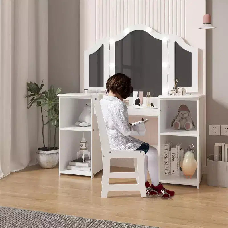 Coiffeuse 2-en-1 pour enfants avec lumières, bureau de maquillage de princesse, chaise, étagères de rangement et armoire
