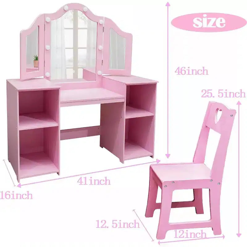 Coiffeuse 2-en-1 pour enfants avec lumières, bureau de maquillage de princesse, chaise, étagères de rangement et armoire
