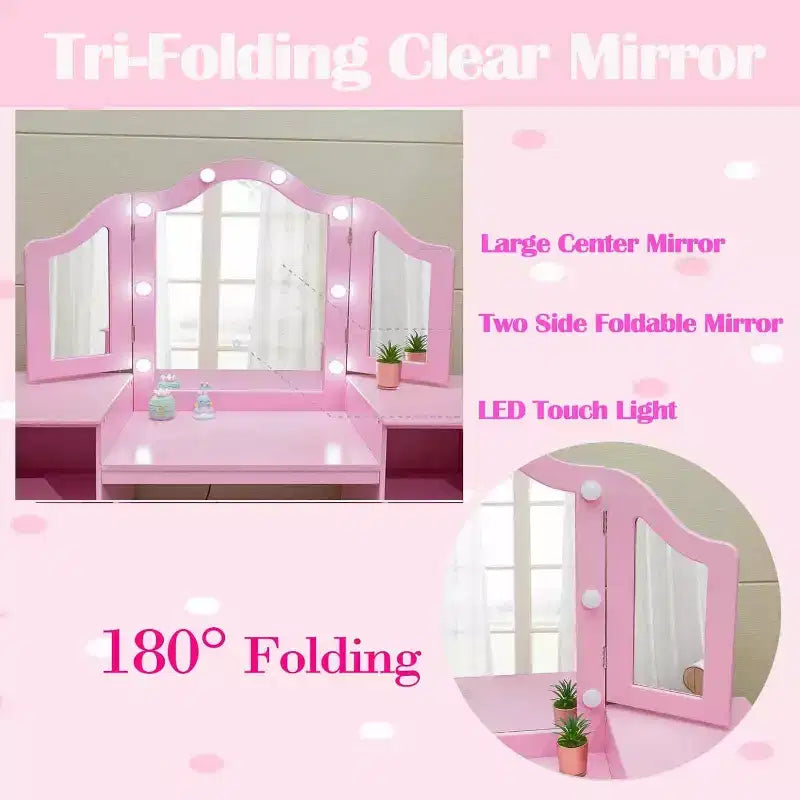 Coiffeuse 2-en-1 pour enfants avec lumières, bureau de maquillage de princesse, chaise, étagères de rangement et armoire