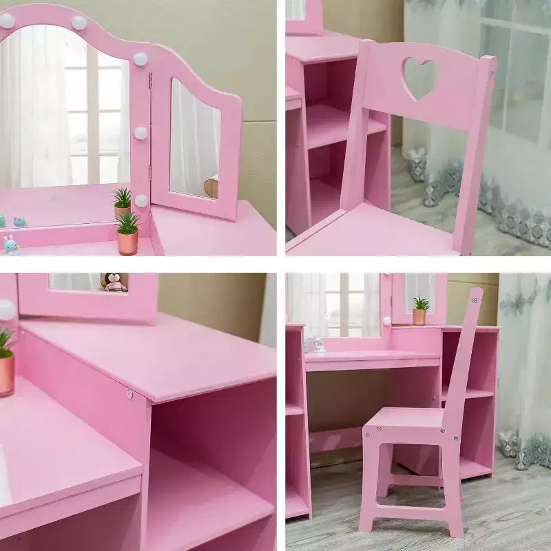 Coiffeuse 2-en-1 pour enfants avec lumières, bureau de maquillage de princesse, chaise, étagères de rangement et armoire