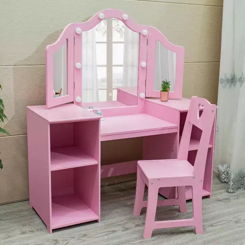 Coiffeuse 2-en-1 pour enfants avec lumières, bureau de maquillage de princesse, chaise, étagères de rangement et armoire