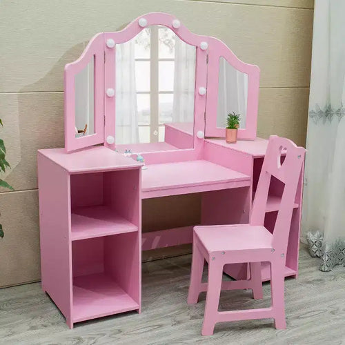Coiffeuse 2-en-1 pour enfants avec lumières, bureau de maquillage de princesse, chaise, étagères de rangement et armoire
