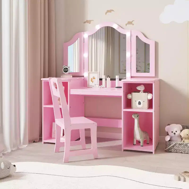 Coiffeuse 2-en-1 pour enfants avec lumières, bureau de maquillage de princesse, chaise, étagères de rangement et armoire