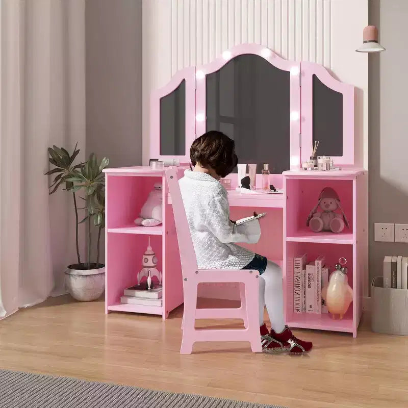 Coiffeuse 2-en-1 pour enfants avec lumières, bureau de maquillage de princesse, chaise, étagères de rangement et armoire