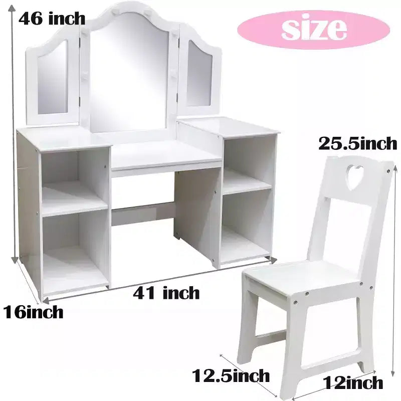 Coiffeuse 2-en-1 pour enfants avec lumières, bureau de maquillage de princesse, chaise, étagères de rangement et armoire