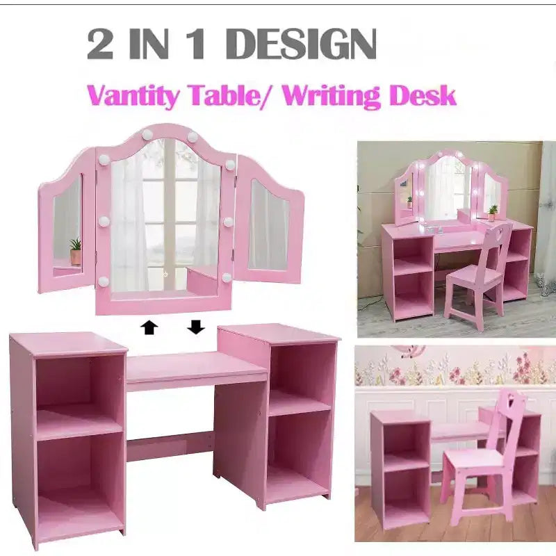 2-in-1 Kids Vanity with Lights Princess Makeup Desk and Chair Set Storage Shelves & Cabinet for Pretend Play