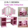2-in-1 Kids Vanity with Lights Princess Makeup Desk and Chair Set Storage Shelves & Cabinet for Pretend Play