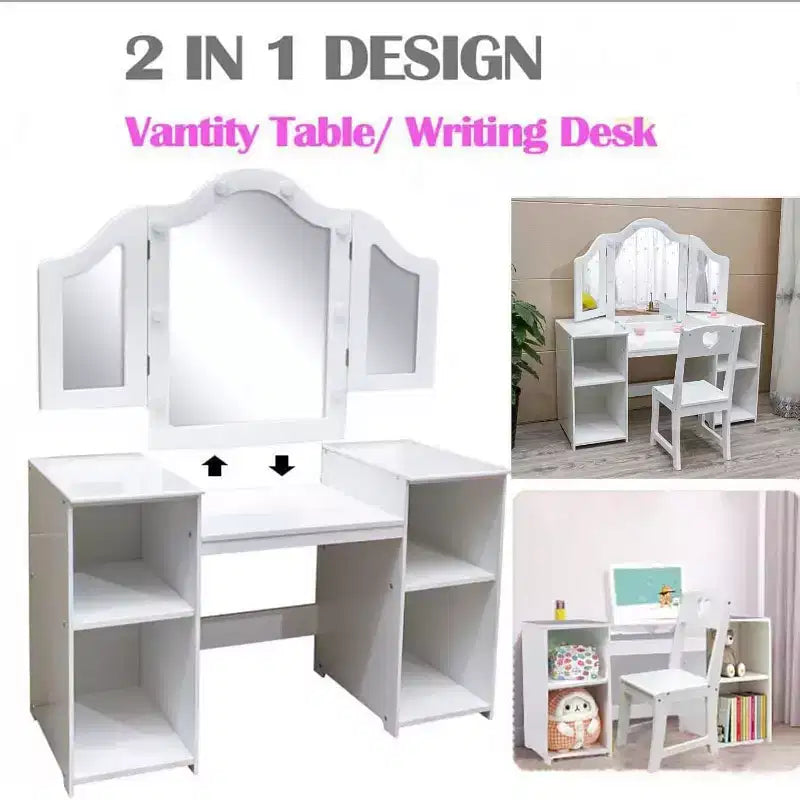 Coiffeuse 2-en-1 pour enfants avec lumières, bureau de maquillage de princesse, chaise, étagères de rangement et armoire