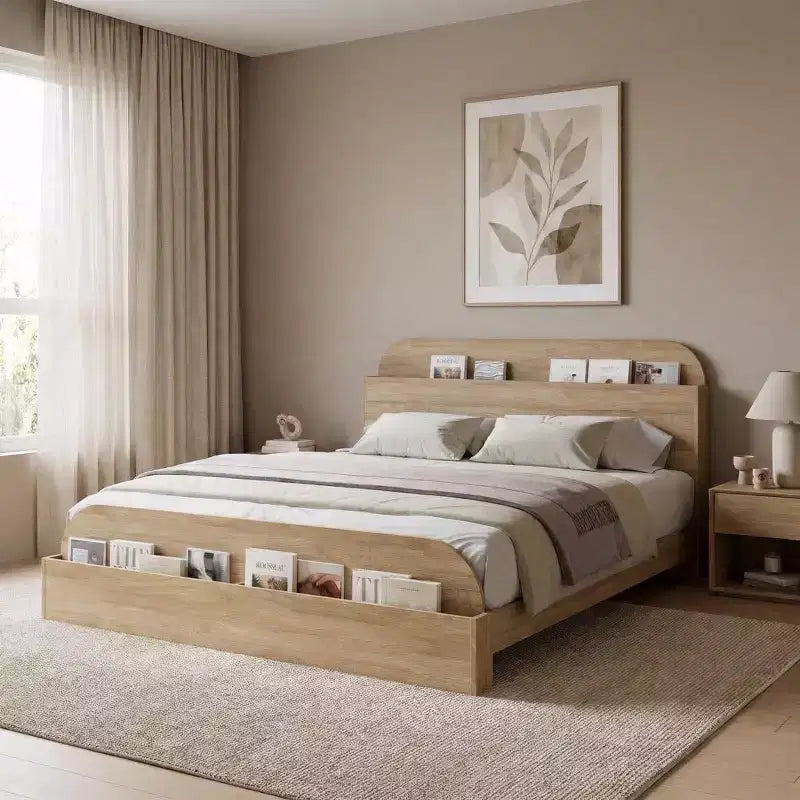 COZONY Bed Frame Wooden Platform with Storage Headboard Raised Footboard Sturdy Slats No Box Spring Needed