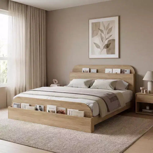 COZONY Bed Frame Wooden Platform with Storage Headboard Raised Footboard Sturdy Slats No Box Spring Needed