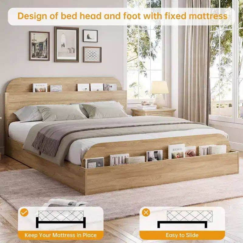 Cadre de lit plateforme en bois avec tête de lit de rangement surélevée