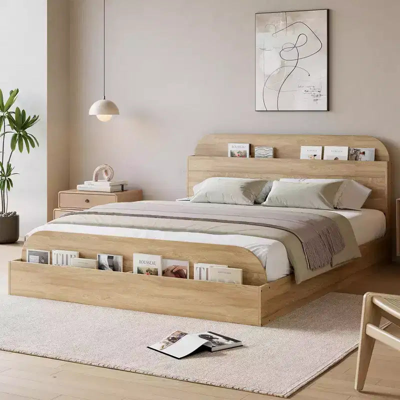 Cadre de lit plateforme en bois avec tête de lit de rangement surélevée