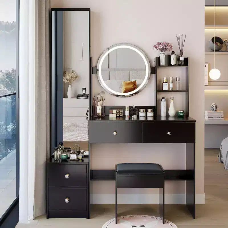 17-Inch Natural Vanity Desk Set with Full-Body Mirror Cabinet and Lights Cabinet Storage Matching Stool for Bedroom