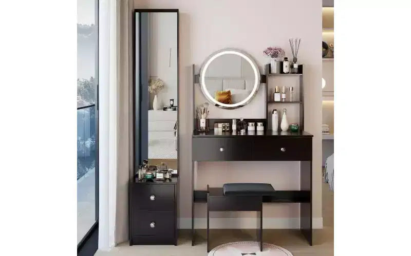 Coiffeuse naturelle avec armoire miroir pleine longueur et lumières Rangement d'armoire Tabouret assorti