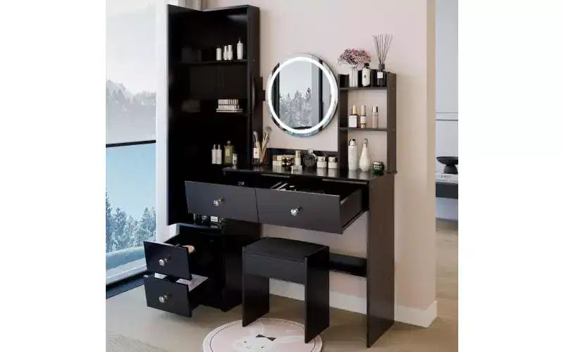 Coiffeuse naturelle avec armoire miroir pleine longueur et lumières Rangement d'armoire Tabouret assorti