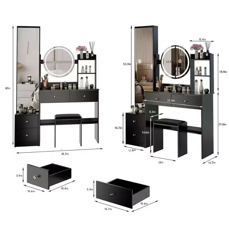 Coiffeuse naturelle avec armoire miroir pleine longueur et lumières Rangement d'armoire Tabouret assorti
