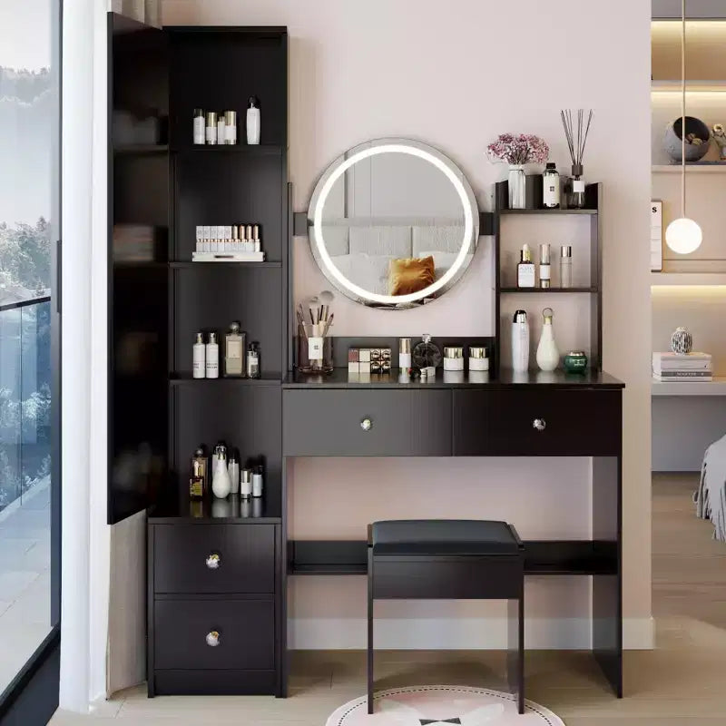 Coiffeuse naturelle avec armoire miroir pleine longueur et lumières Rangement d'armoire Tabouret assorti