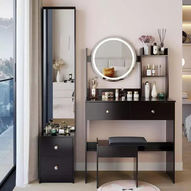 Coiffeuse naturelle avec armoire miroir pleine longueur et lumières Rangement d'armoire Tabouret assorti