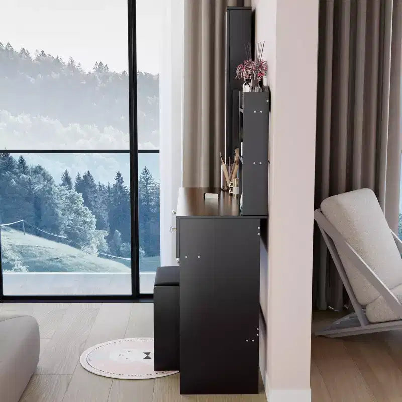 Coiffeuse naturelle avec armoire miroir pleine longueur et lumières Rangement d'armoire Tabouret assorti