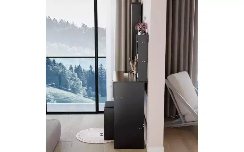 Coiffeuse naturelle avec armoire miroir pleine longueur et lumières Rangement d'armoire Tabouret assorti