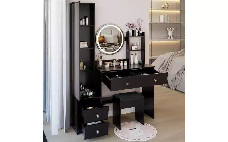Coiffeuse naturelle avec armoire miroir pleine longueur et lumières Rangement d'armoire Tabouret assorti