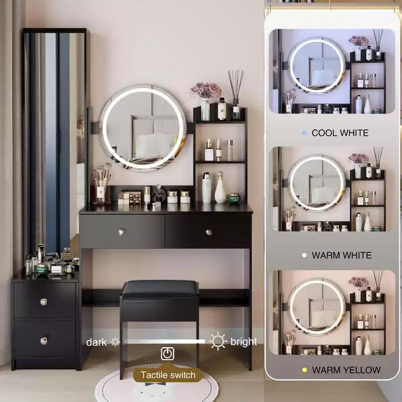 Coiffeuse naturelle avec armoire miroir pleine longueur et lumières Rangement d'armoire Tabouret assorti