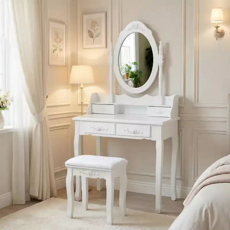 Modern Makeup Vanity Desk with Mirror 4 Drawers Matching Stool for Girls' Rooms White Finish Space-Saving Design
