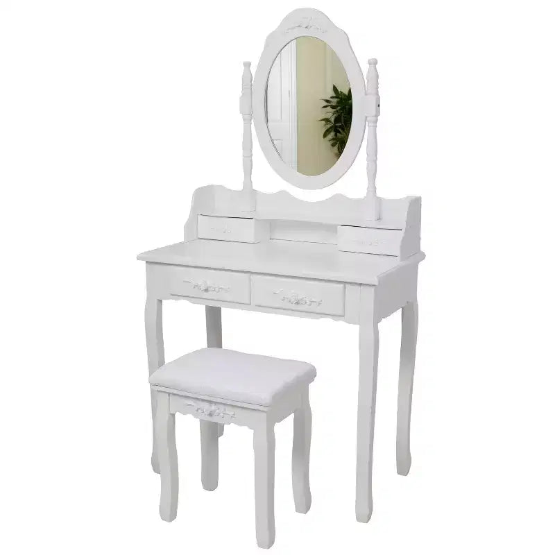 Coiffeuse moderne avec miroir, 4 tiroirs et tabouret assorti