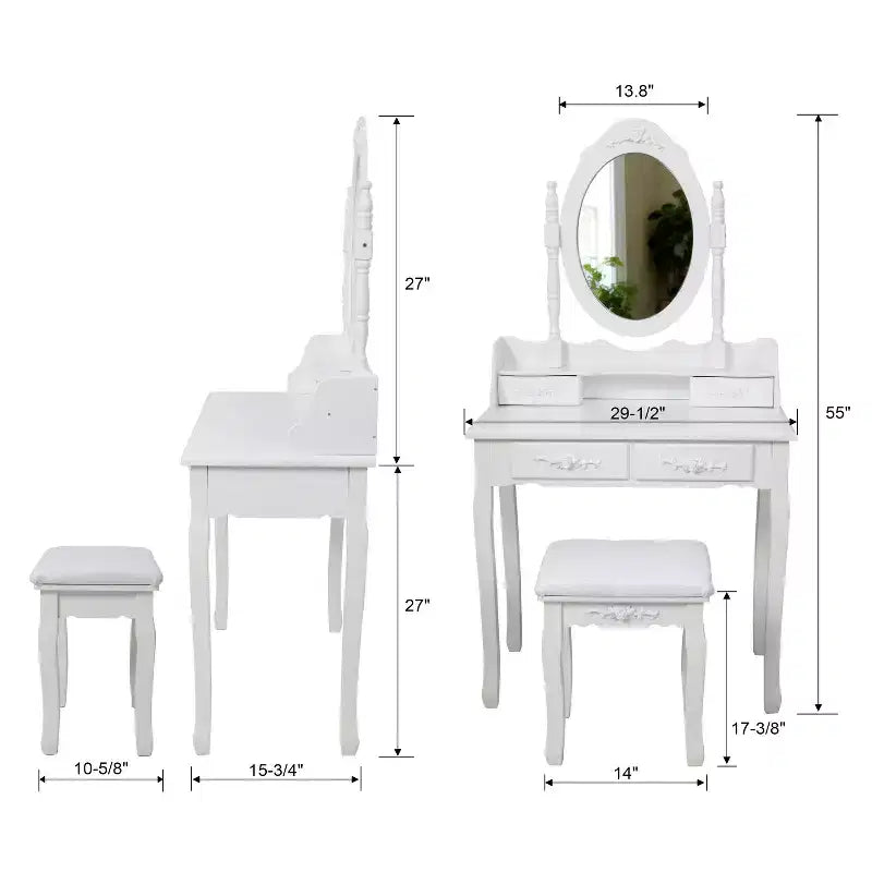 Coiffeuse moderne avec miroir, 4 tiroirs et tabouret assorti