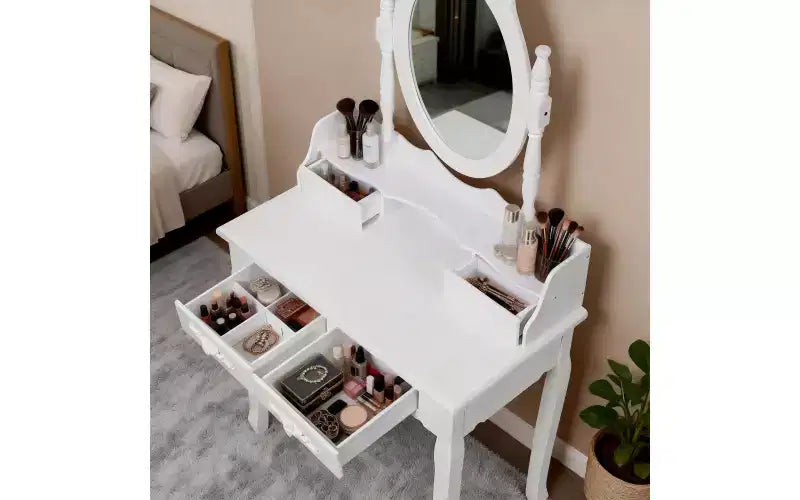 Coiffeuse moderne avec miroir, 4 tiroirs et tabouret assorti