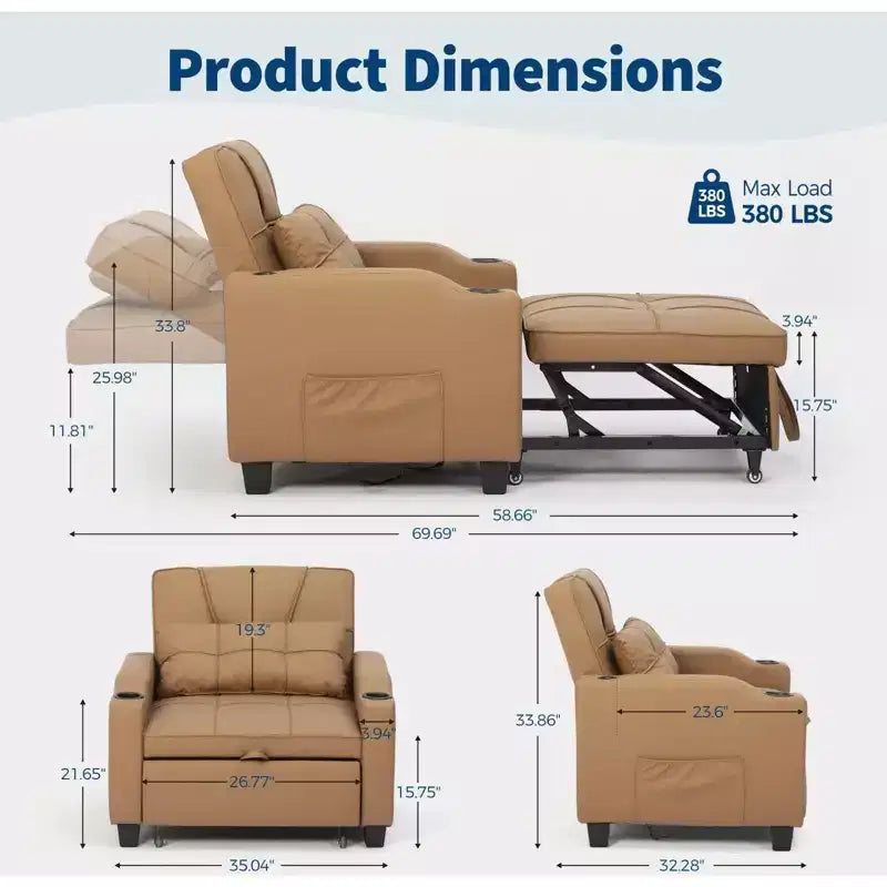 Fauteuil Convertible Lit 3-en-1 Moderne avec Port USB