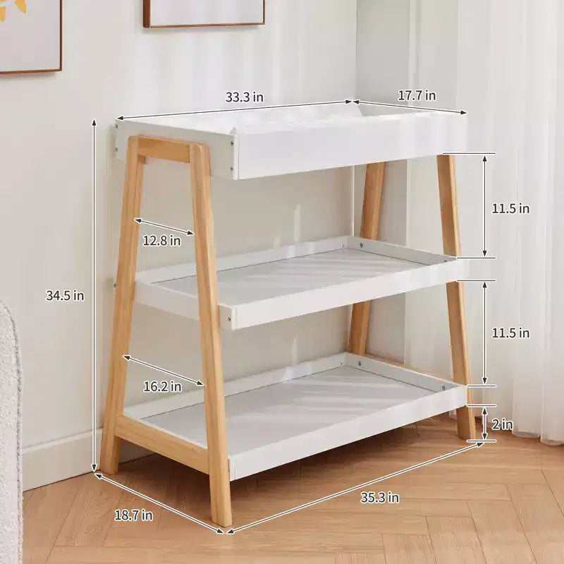 Modern Baby Changing Table with Waterproof Pad & 2 Storage Shelves Portable Wood Nursery Furniture for Newborns/Infants Wood+White