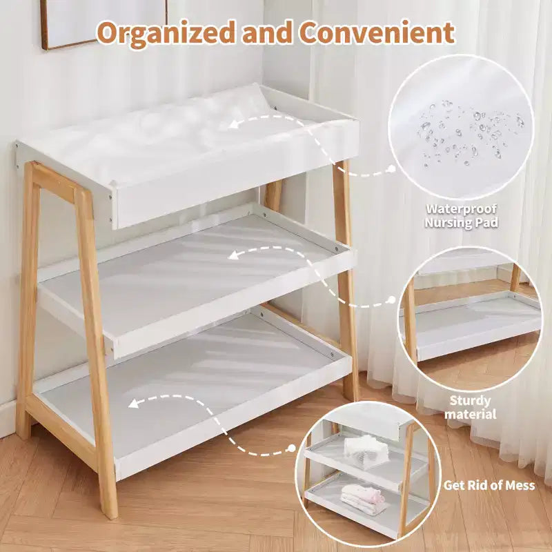 Table à langer moderne avec matelas imperméable et 2 étagères de rangement