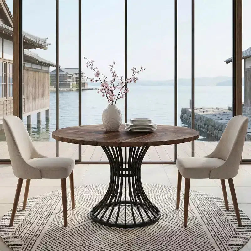 MAYEERTY 47 Round Hourglass Farmhouse Dining Table MDF Top & Metal Base 6-Person Versatile Table for Home & Cafe